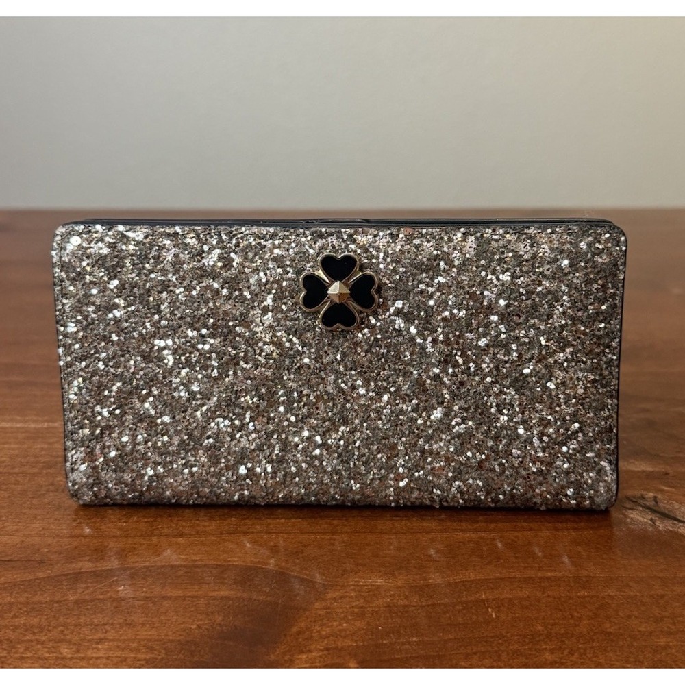Kate Spade Odette Silver Glitter Large Slim Bifold Wallet Black J183 tag $129